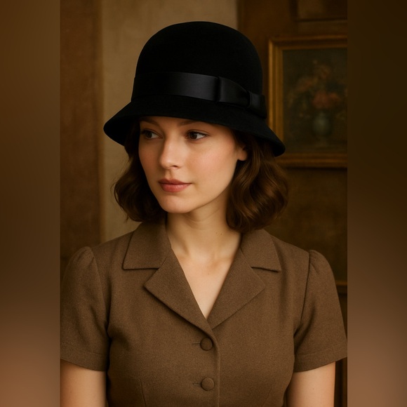 Vintage 1950s Le Charmé Black Felt Cloche Hat w/ Satin Bow - Picture 1 of 5